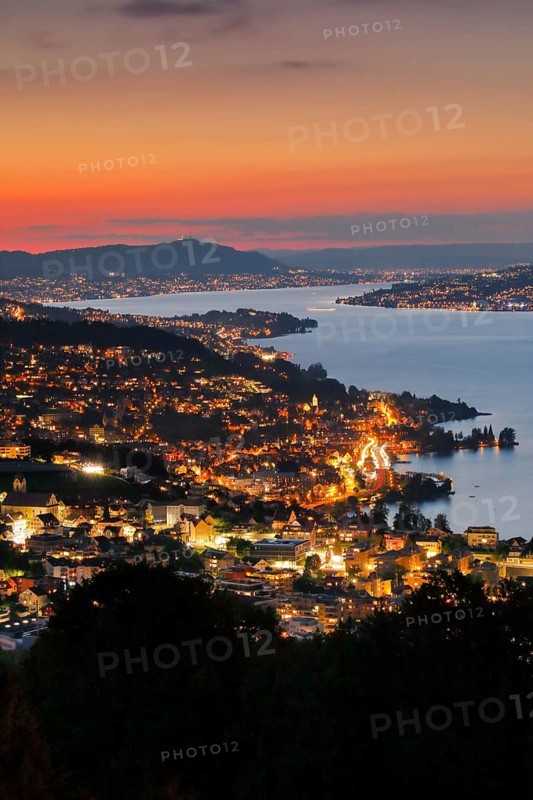 View at dusk from Feusisberg across Lake Zurich to Zurich