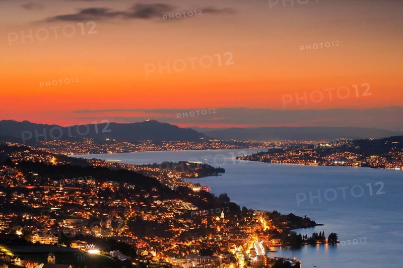 View at dusk from Feusisberg across Lake Zurich to Zurich