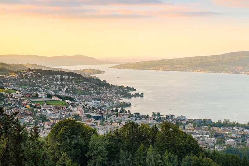View at sunset from Feusisberg across Lake Zurich to Zurich