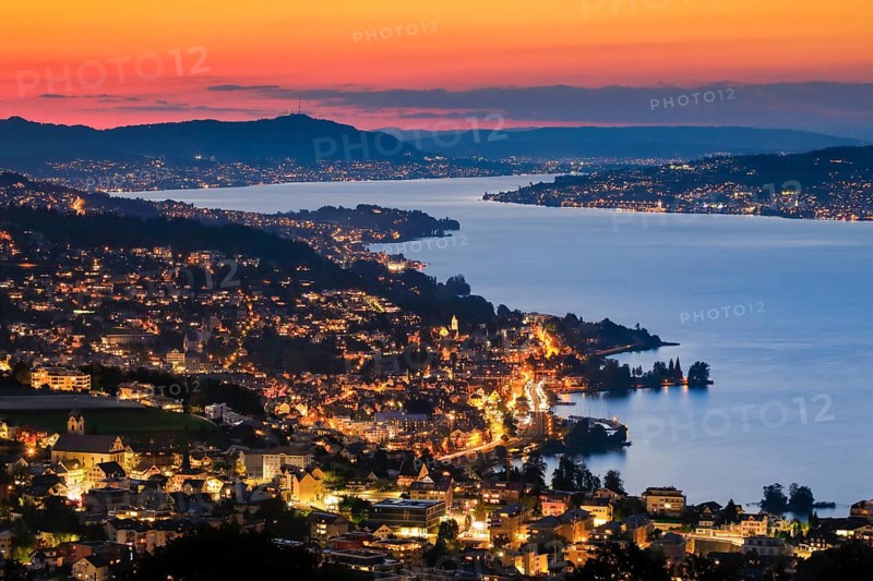 View at dusk from Feusisberg across Lake Zurich to Zurich