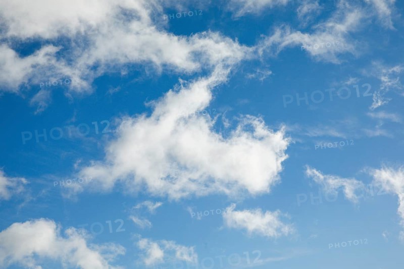 Feather and fleecy clouds adorn the blue sky in strong winds