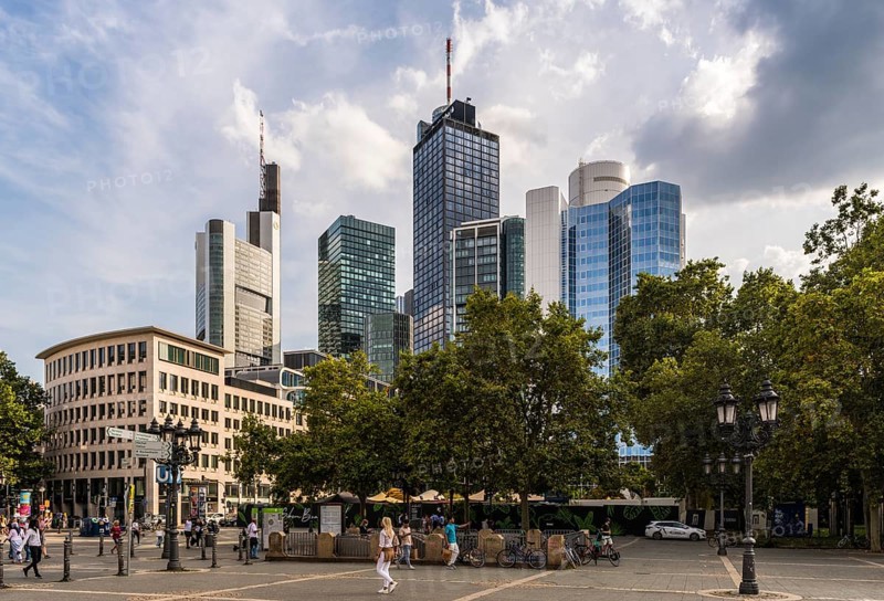 Skyline of Frankfurt am Main from Opernplatz with the skyscrapers Buerohaus an der Alten Oper