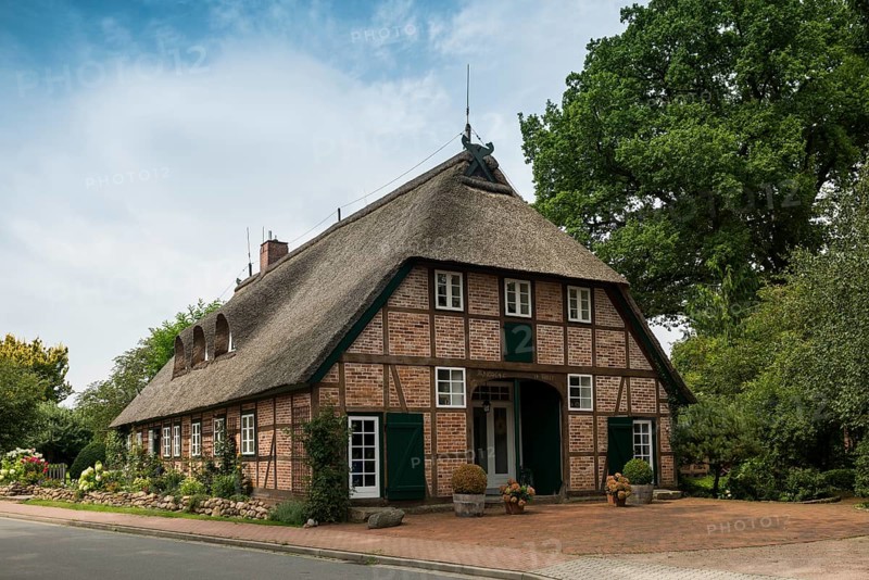 Thatched half-timbered house and summer garden