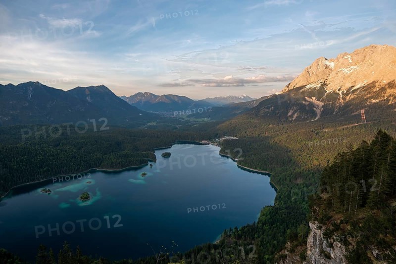 View over the Eibsee lake at sunset
