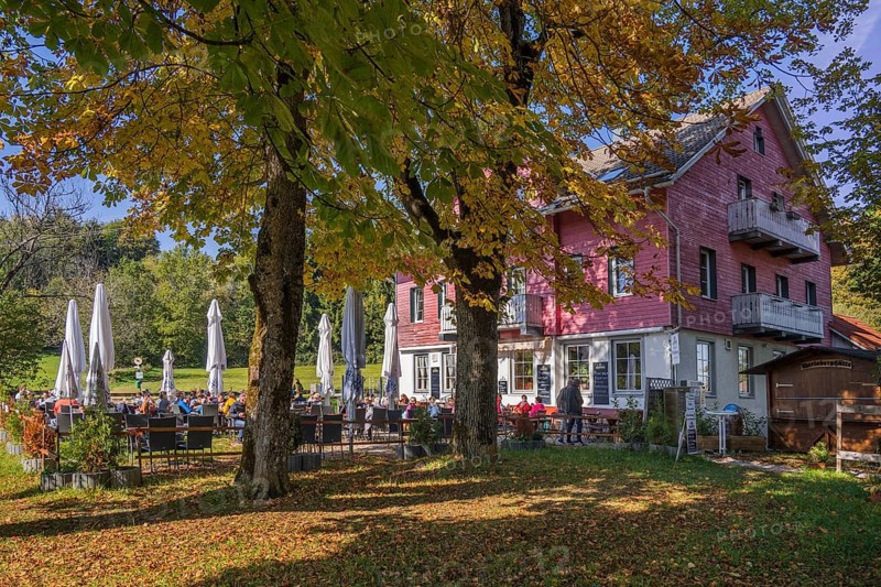 Restaurant and beer garden at Mariaberg with autumnal chestnut trees