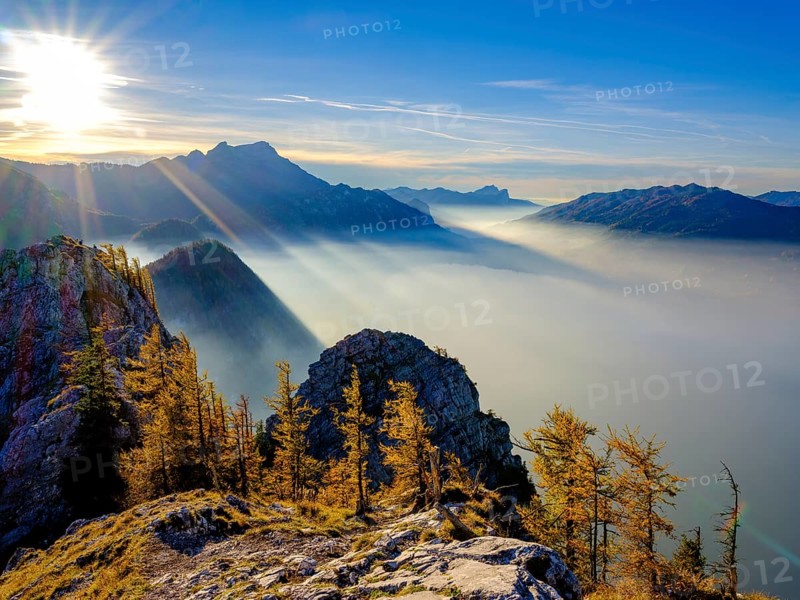 View from large Schoberstein of Attersee and Mondsee in the haze