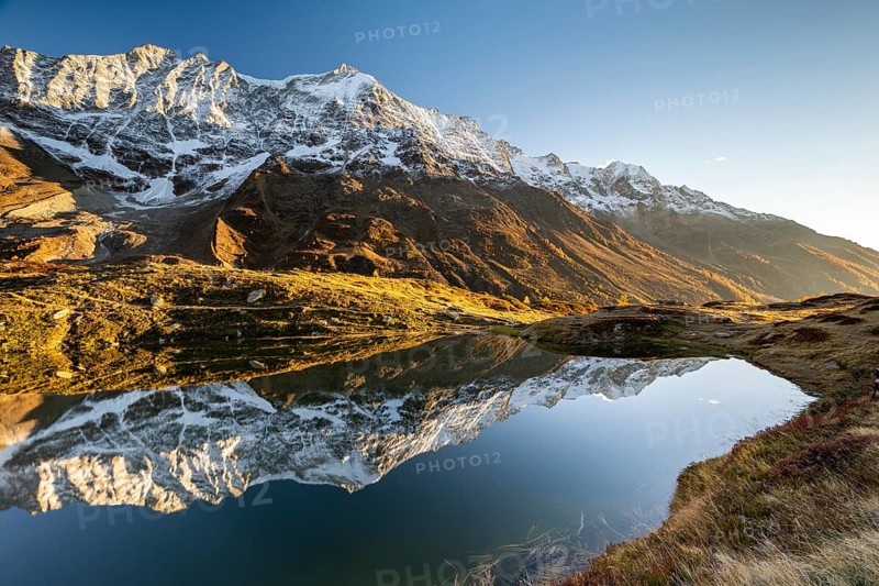 Snow-covered mountains reflected in mountain lake