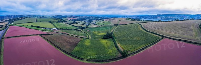 Panorama of Fields over Labrador Bay and River Teign from a drone