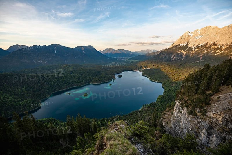 View over the Eibsee lake at sunset