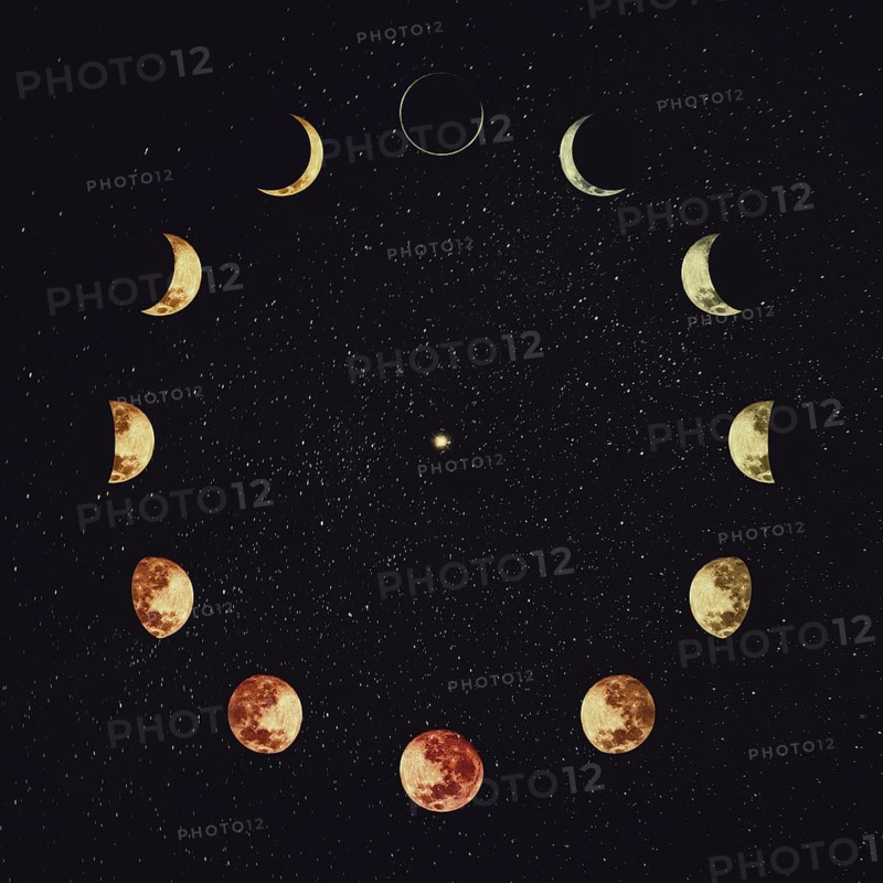 Moon phases over starry night sky background