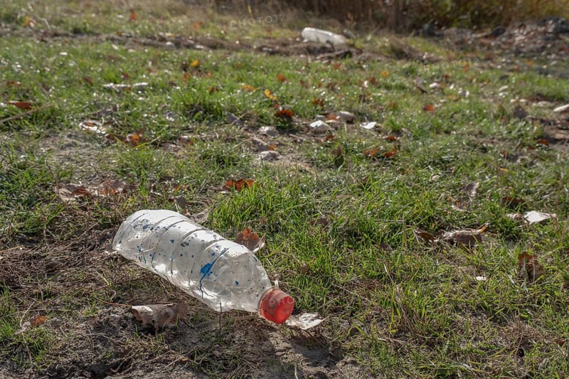 Discarded plastic bottles in a meadow in the shore zone