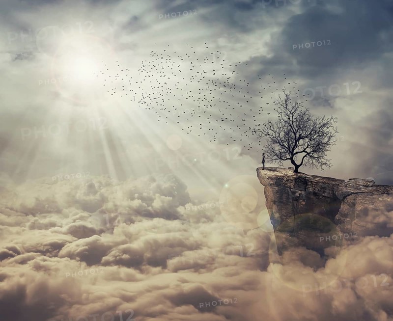 Young man standing on the peak of a cliff