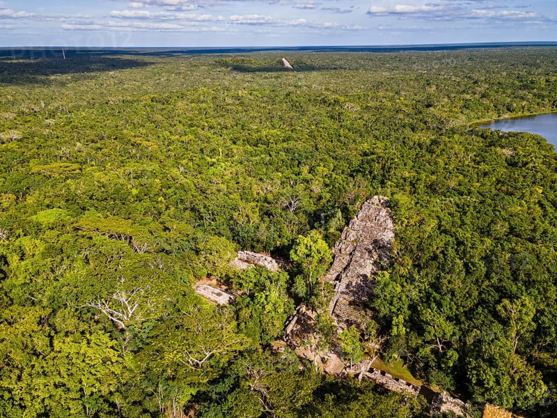 Aerial of the archeological Maya site Coba