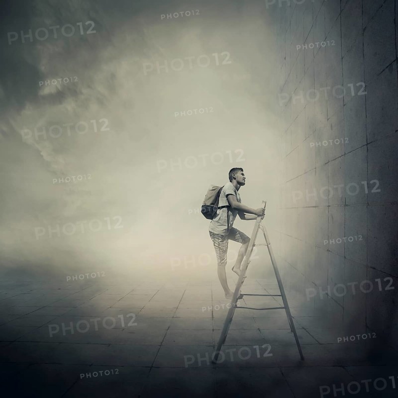 Abstract idea with a person climbing a ladder