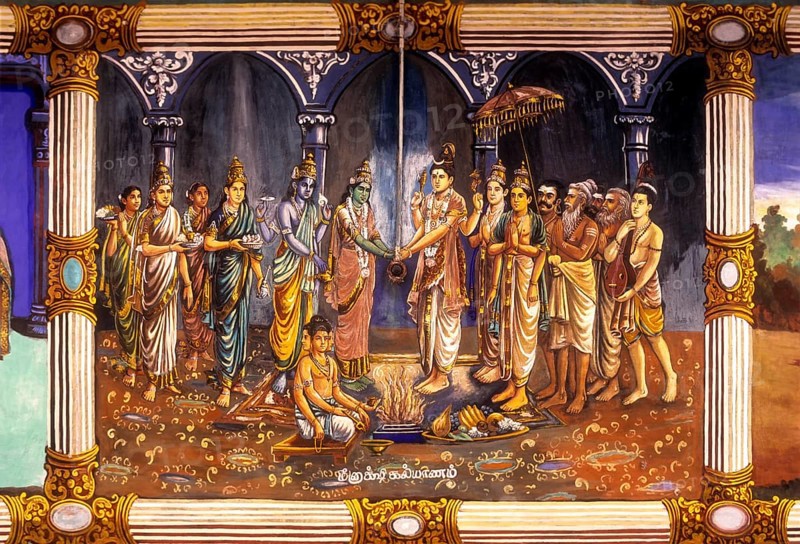Meenakshi wedding paintings on the ceiling at Ilayathangudi