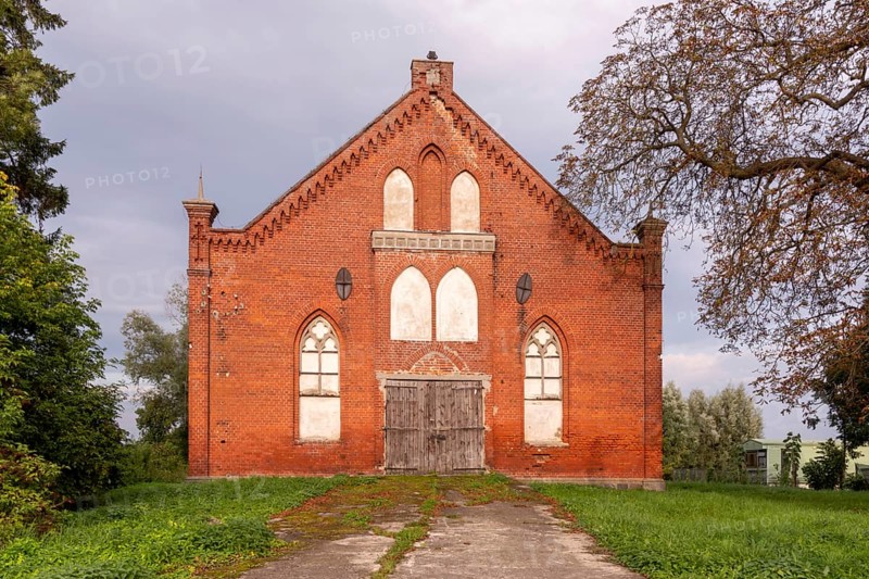 Abandoned Mennonite church built in the Gothic style in 1899 in the village of Jezioro
