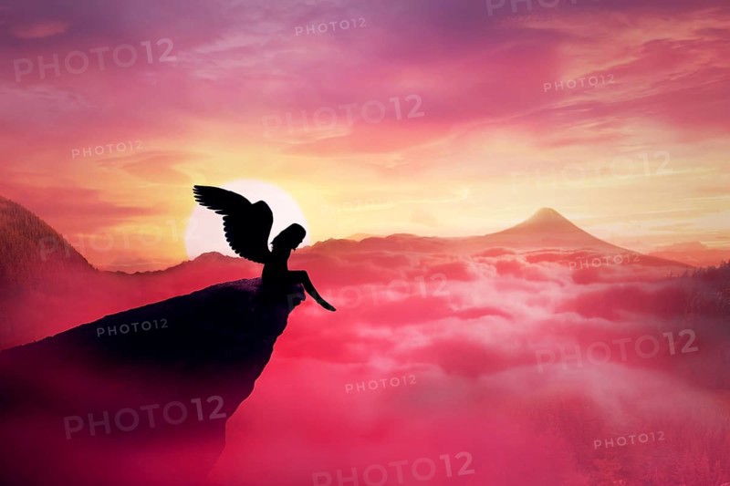 Silhouette of a lonely fallen angel with long wings standing on a cliff against a paradise sunset
