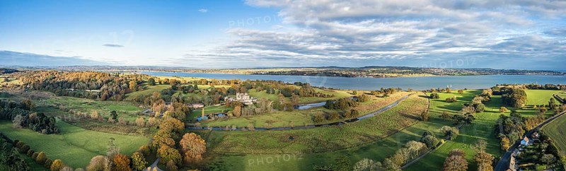 Panorama over Powderham Castle and Park in Autumn Colors