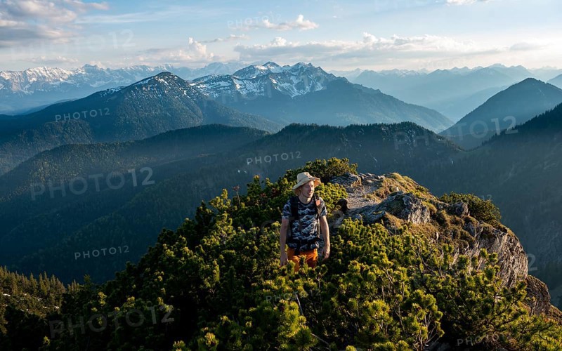 Hiker on hiking trail with mountain pines