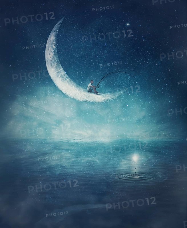 Surreal scene with a boy fishing for stars