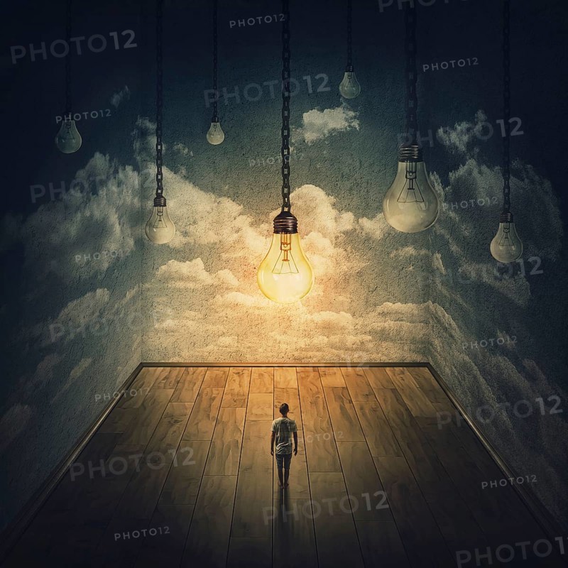 Surreal scene with a person isolated in a huge dark room and a lot of light bulb hangs above his head