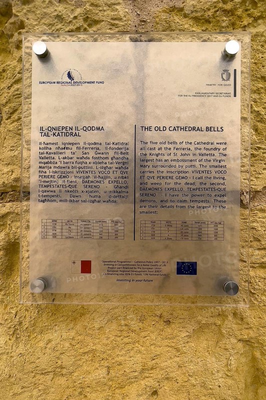 Tourist Information Board on Old Bells of St Marija Cathedral in Gozo Citadel
