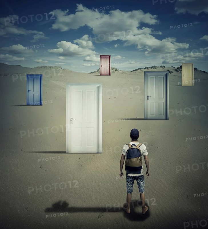 Conceptual image with a person standing in front of different closed doors