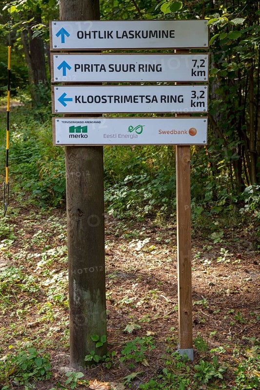 Hiking signpost in the forest along the Pirita River