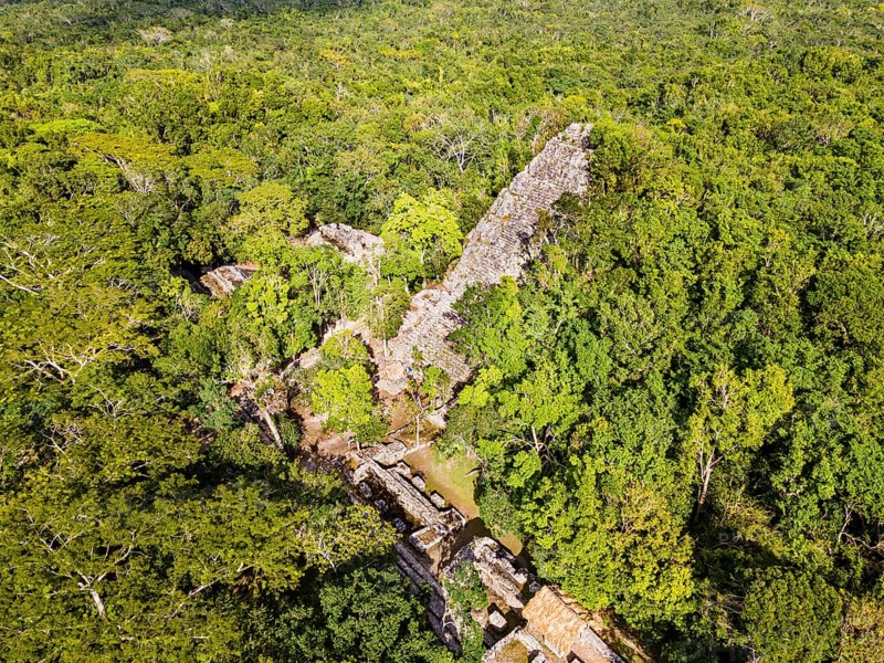 Aerial of the archeological Maya site Coba