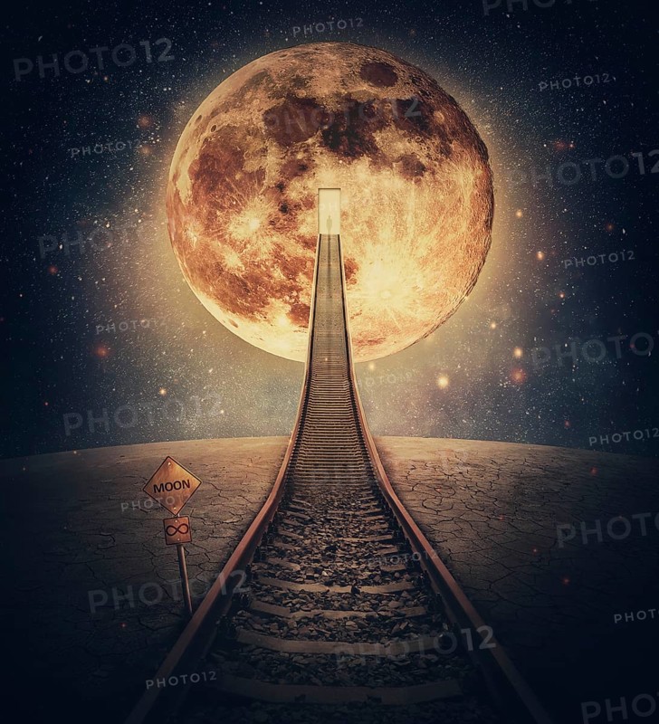 Surreal scene and a railway leading up to the moon