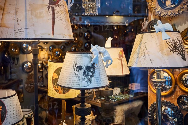 Shop window with lamps and decorative items in Marais