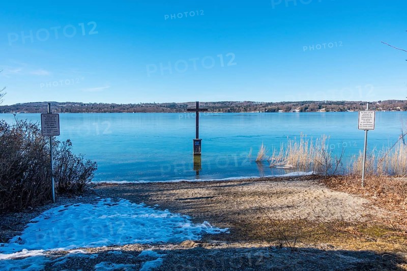 Memorial cross at the spot in the shallow shore area of Lake Starnberg where King Ludwig II of Bavaria was found dead in 1886