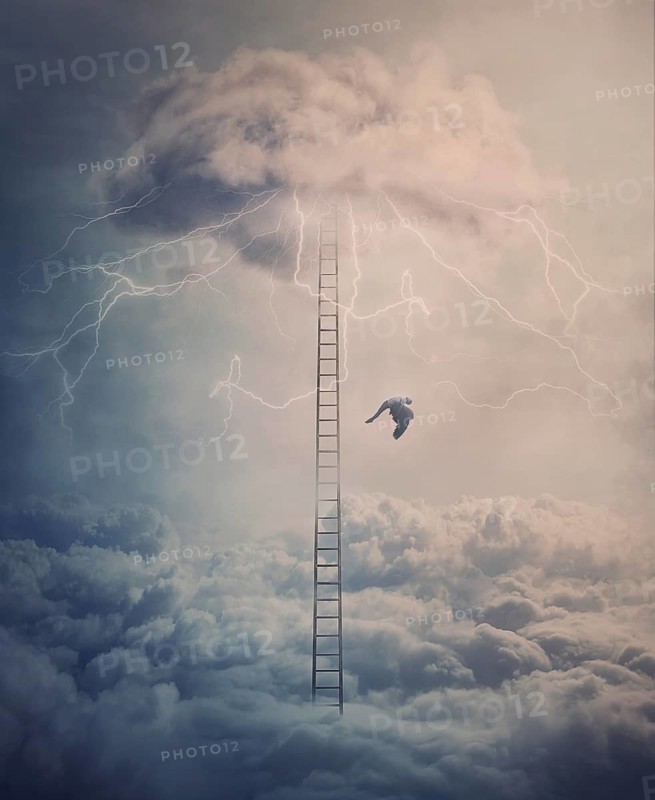 Silhouette of a fallen angel crashing down from heaven alongside a huge ladder above the clouds