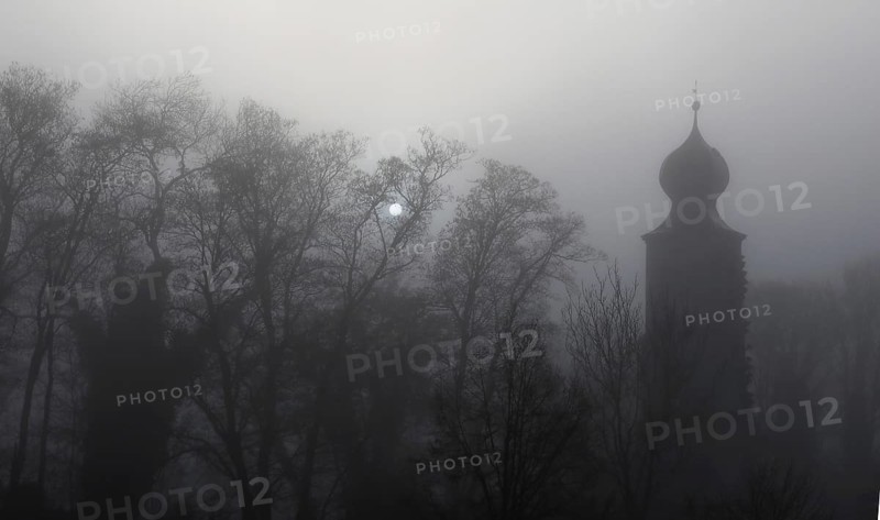 Historic water tower and bare trees in the mist