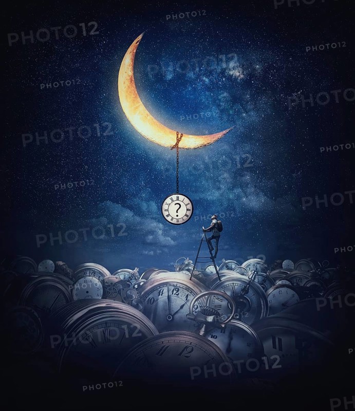 Surreal and magical night scene with a man climbing a ladder