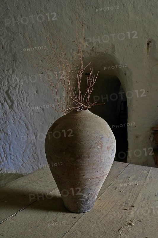 Old clay jug with bare branch in cave house