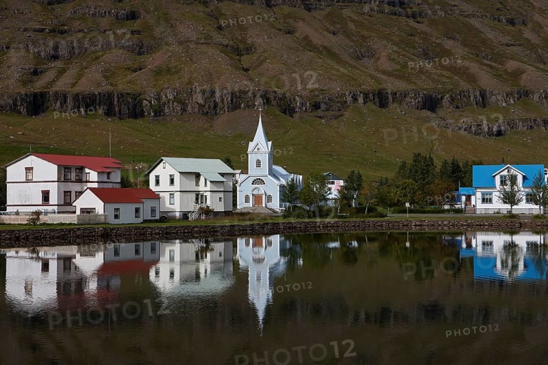 View over church and houses of Seyoisfjoerour