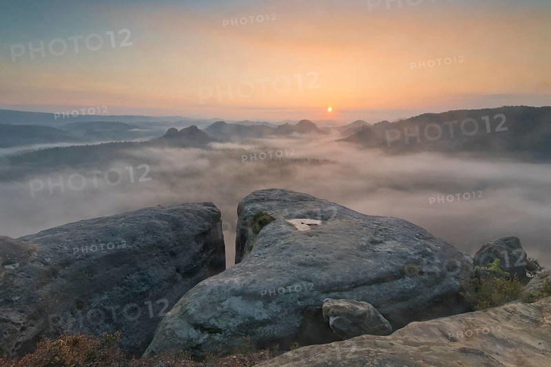 View from Kleiner Winterberg at sunrise View of Lorenzsteine and Hinteres Raubschloss or Winterstein