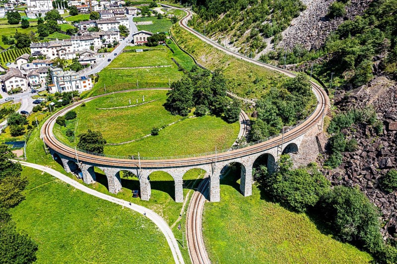 Aerial of the Brusio spiral viaduct