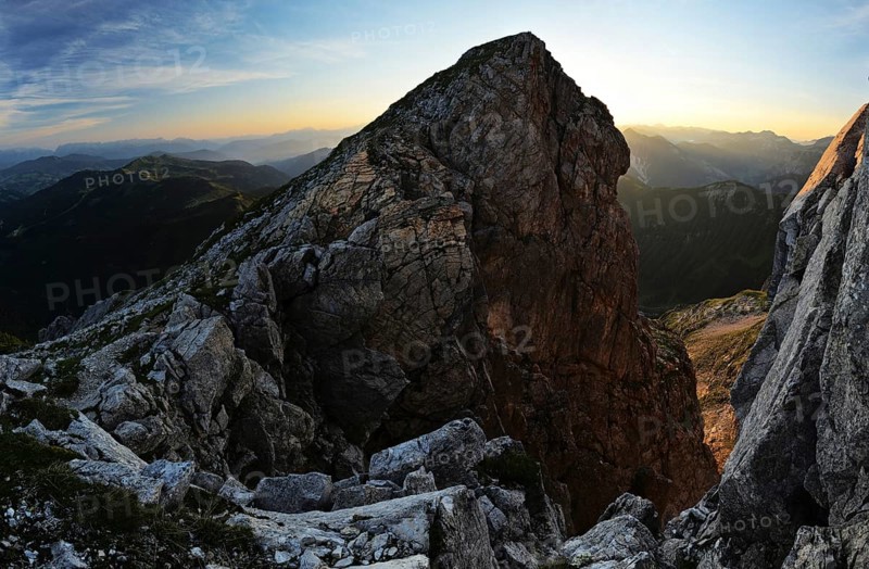 Dawn near the summit of Mt Ennskraxen in the Radstaedter Tauern mountain range of the Alps
