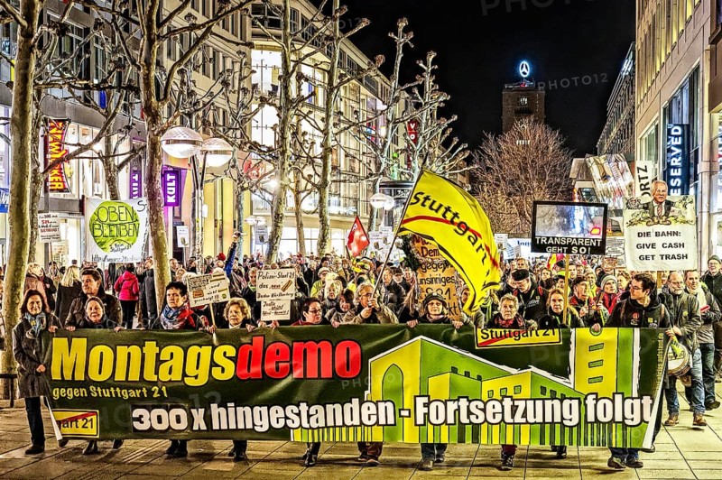 300th Monday demonstration against Stuttgart 21 with demonstration through Koenigstrasse Mismanagement and suspicion of corruption weigh down the railway project. Lies and deception are frequent accusations by opponents of the station. Stuttgart