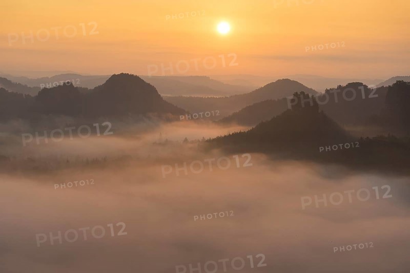 View from Kleiner Winterberg at sunrise View of Lorenzsteine and Hinteres Raubschloss or Winterstein