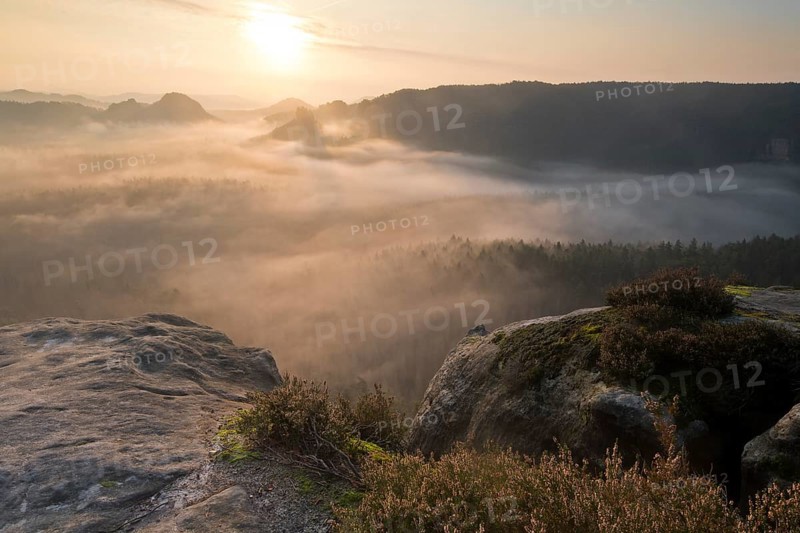 View from Kleiner Winterberg at sunrise View of Lorenzsteine and Hinteres Raubschloss or Winterstein