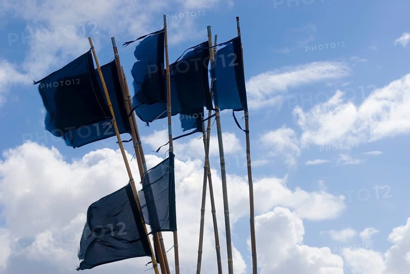 Flags and pennants to mark nets and fish traps laid out in the harbour of Hvide Sande