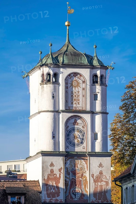 Ravensburg Gate with sundial and clock in the historic old town