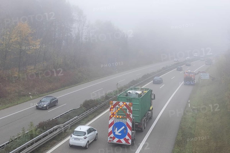 Escort vehicle for protection during mowing work on motorway in autumn