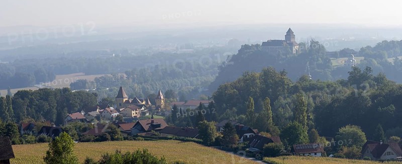 View from the Weinleiten water tower of the municipality of Ehrenhausen with Ehrenhausen Castle and the Eggenberger mausoleum
