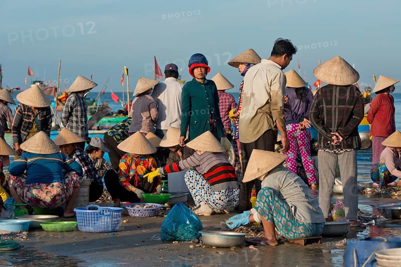 Women with straw hats on the beach with freshly caught fish and seafood