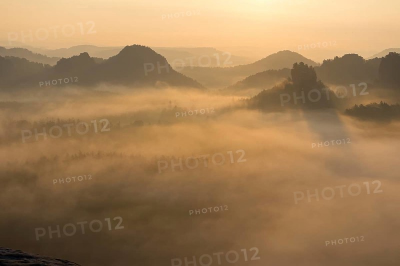 View from Kleiner Winterberg at sunrise View of Lorenzsteine and Hinteres Raubschloss or Winterstein