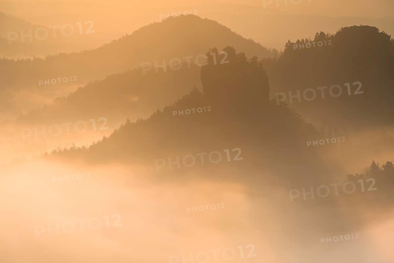 View from Kleiner Winterberg at sunrise View of Hinteres Raubschloss or Winterstein